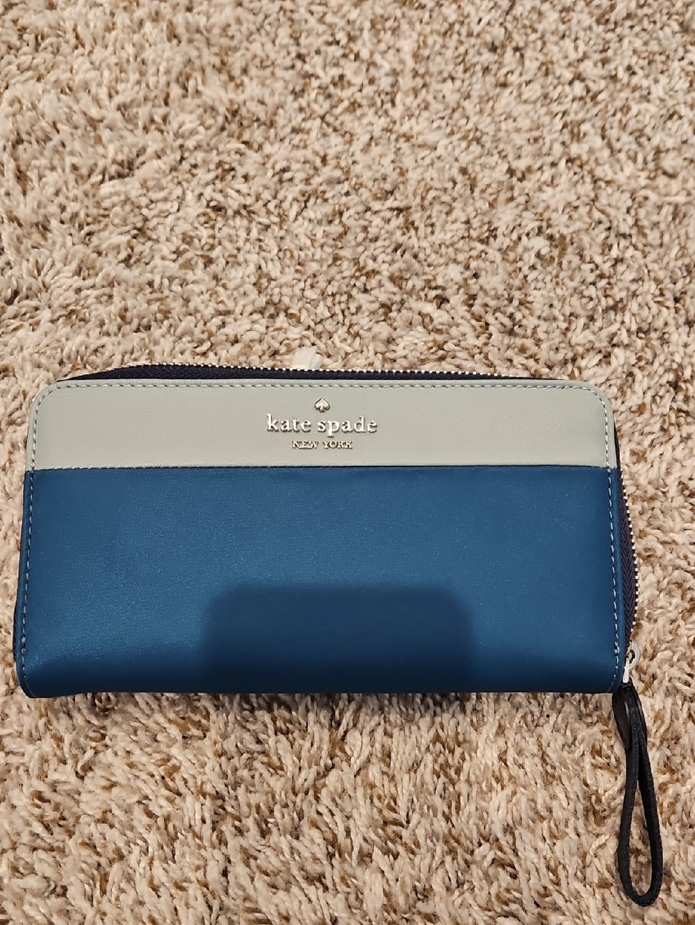 kate spade Blue and Light Gray Zip Wallet with Gold Logo